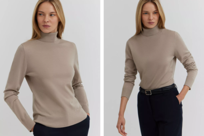 kobieta w beżowym swetrze z golfem