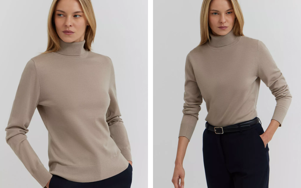 kobieta w beżowym swetrze z golfem